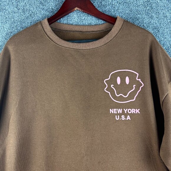 Sweatshirt Womens XLNew York USA Smiley Face Brown Cotton Blend Rib Hem Cuffs - Picture 4 of 9